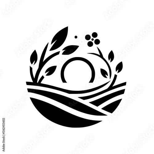 A stylized, symmetrical black and white emblem featuring a crescent, stylized plants and leaves, and rolling hills within a circular form.