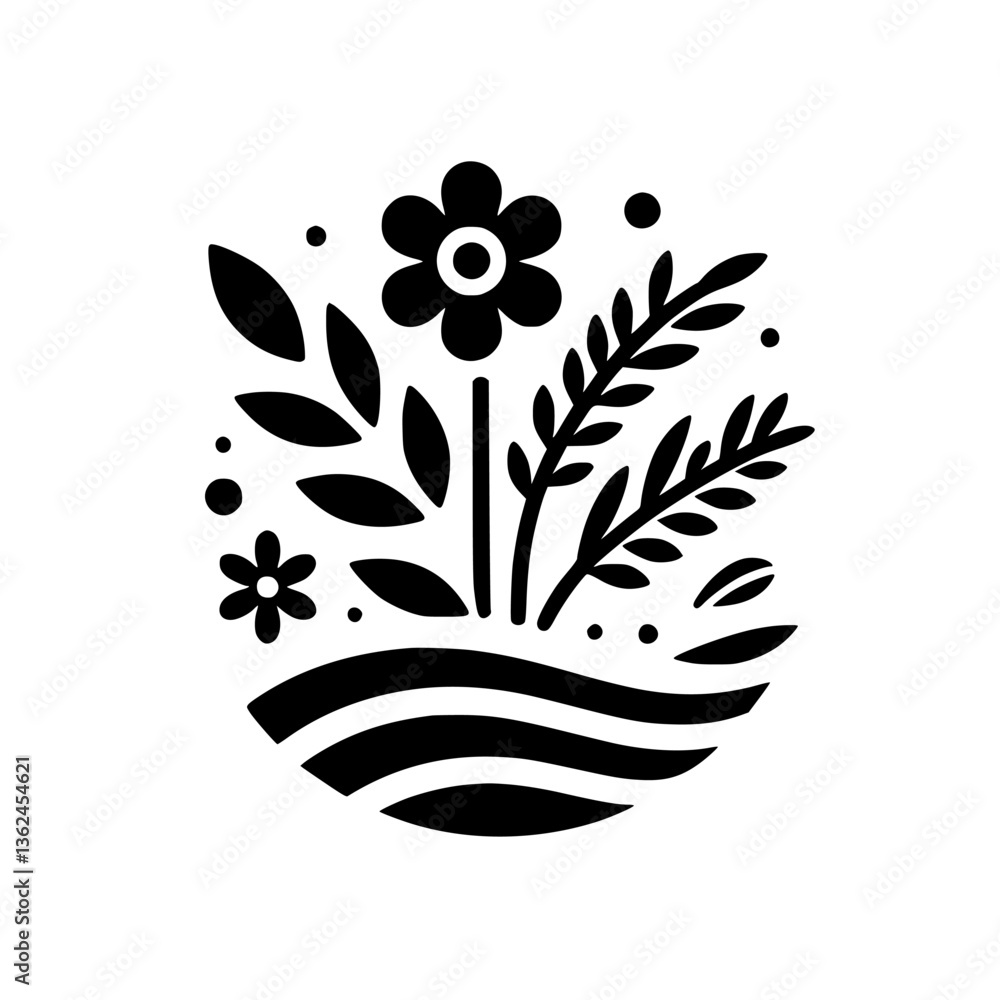 Naklejka premium Black and white botanical design featuring stylized flowers, leaves, and foliage arranged in a semi-circular composition, evoking a sense of harmony and minimalism.