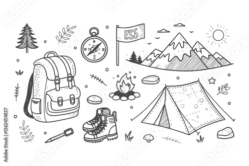 Hand-Drawn Doodle Set of Adventure Travel Icons: Playful Sketches of Mountain, Backpack, Boots, Compass, Map, Tent, and Campfire in a Minimalist, Fun, and Explorative Style.