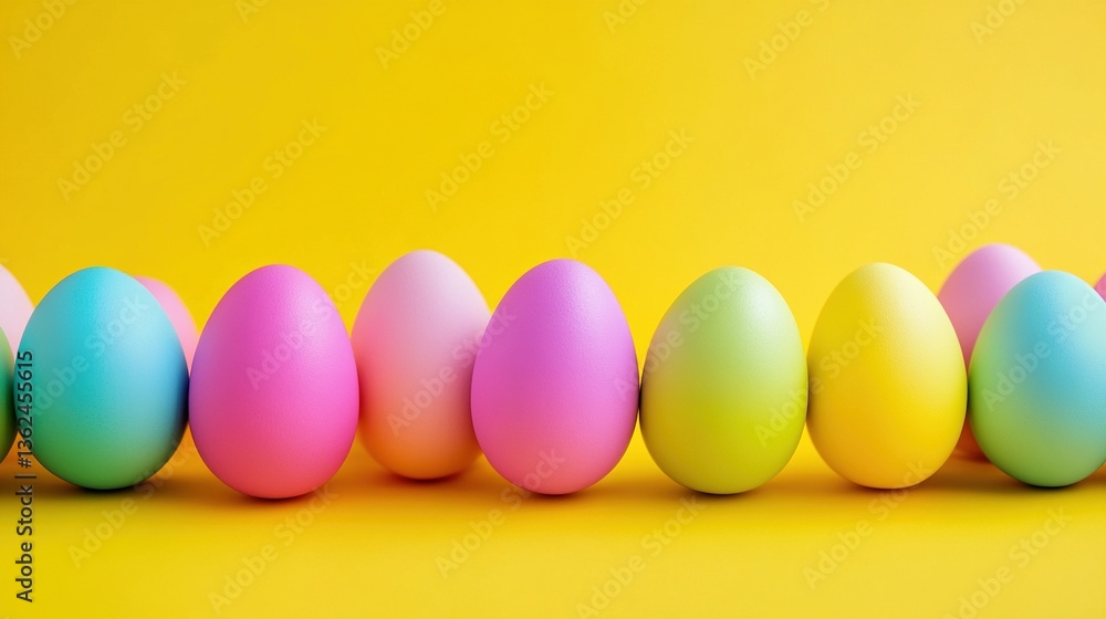 Colorful Easter eggs in a row on a yellow background, copy space, banner design, Easter concept Colorful Easter eggs in a row on a yellow background, copy space, banner design, Easter concept