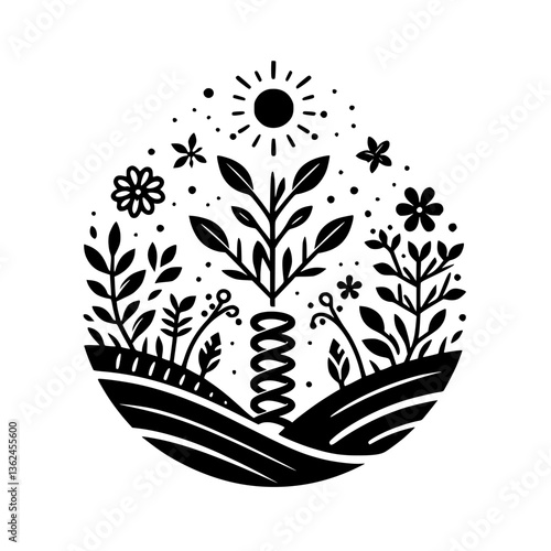 Black and white stylized nature illustration of a stylized field with sprouting plants and sunburst, within a circular frame.