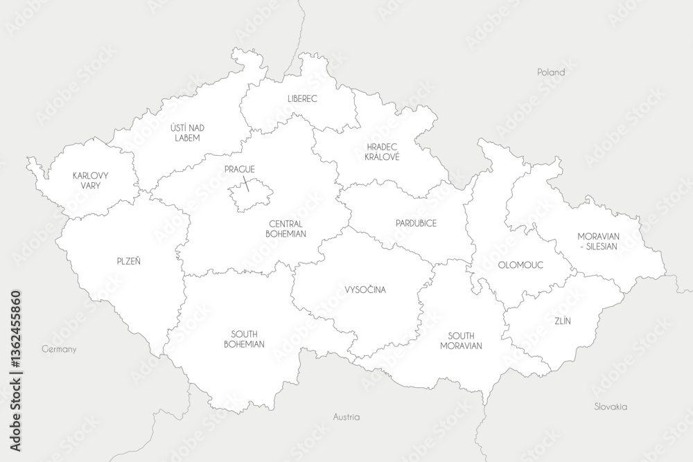 Fototapeta premium Vector map of Czechia or Czech Republic with regions and administrative divisions, and neighbouring countries and territories. Editable and clearly labeled layers.