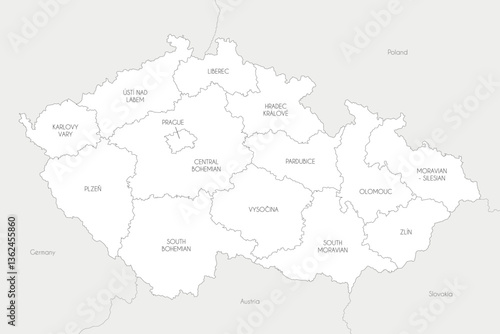 Vector map of Czechia or Czech Republic with regions and administrative divisions, and neighbouring countries and territories. Editable and clearly labeled layers.