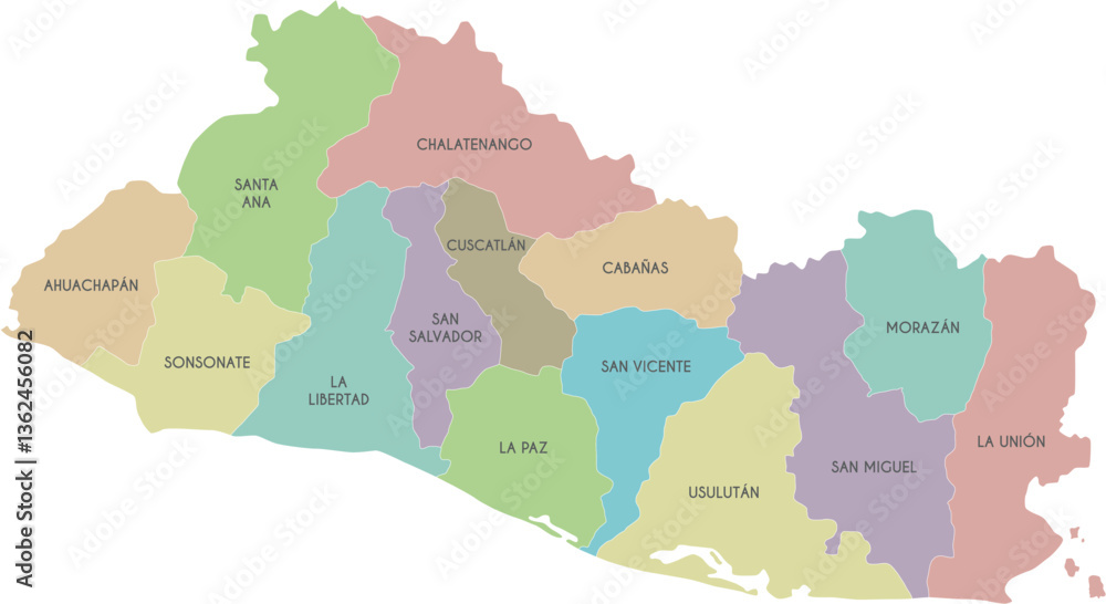 Obraz premium Vector regional map of El Salvador with departments or territories and administrative divisions. Editable and clearly labeled layers.