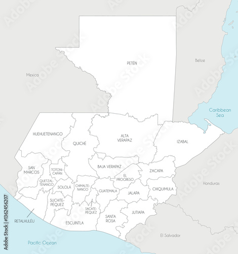 Vector regional map of Guatemala with departments and administrative divisions, and neighbouring countries and territories. Editable and clearly labeled layers.