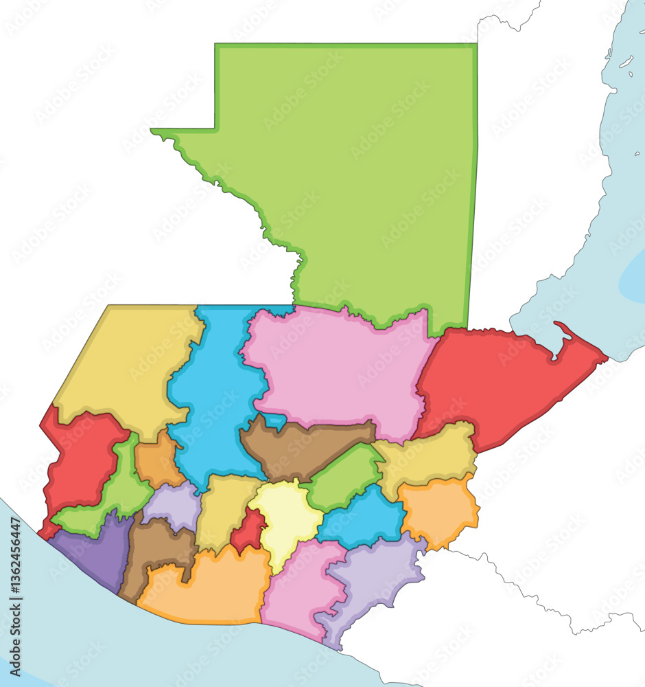 Obraz premium Vector illustrated regional blank map of Guatemala with departments and administrative divisions, and neighbouring countries and territories. Editable and clearly labeled layers.