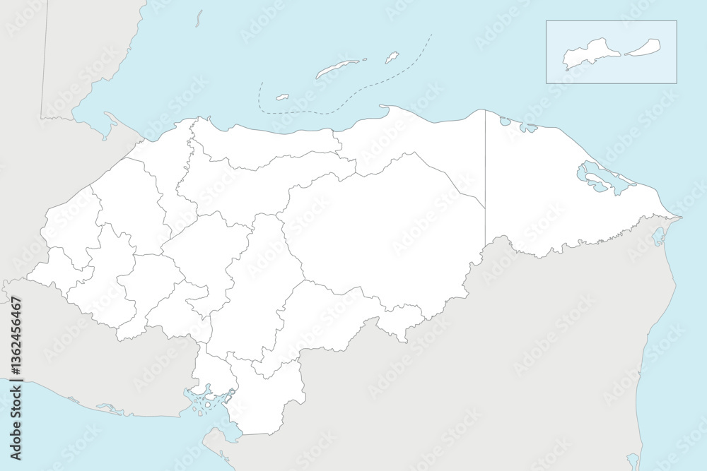 Fototapeta premium Vector regional blank map of Honduras with departments and administrative divisions, and neighbouring countries and territories. Editable and clearly labeled layers.