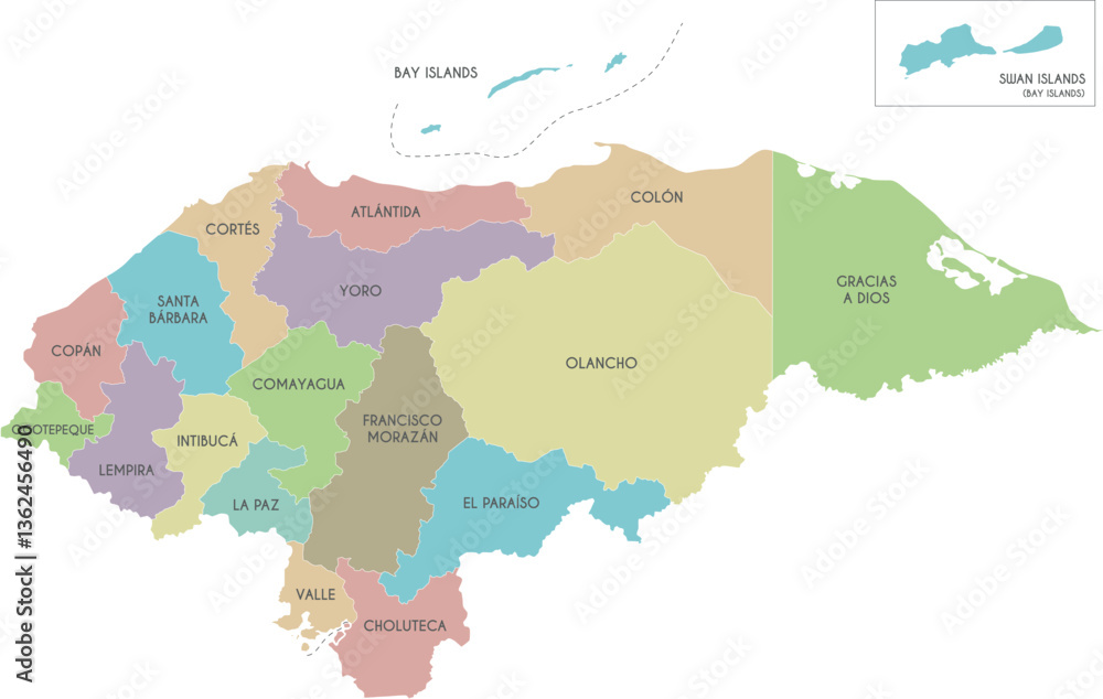 Fototapeta premium Vector regional map of Honduras with departments or territories and administrative divisions. Editable and clearly labeled layers.