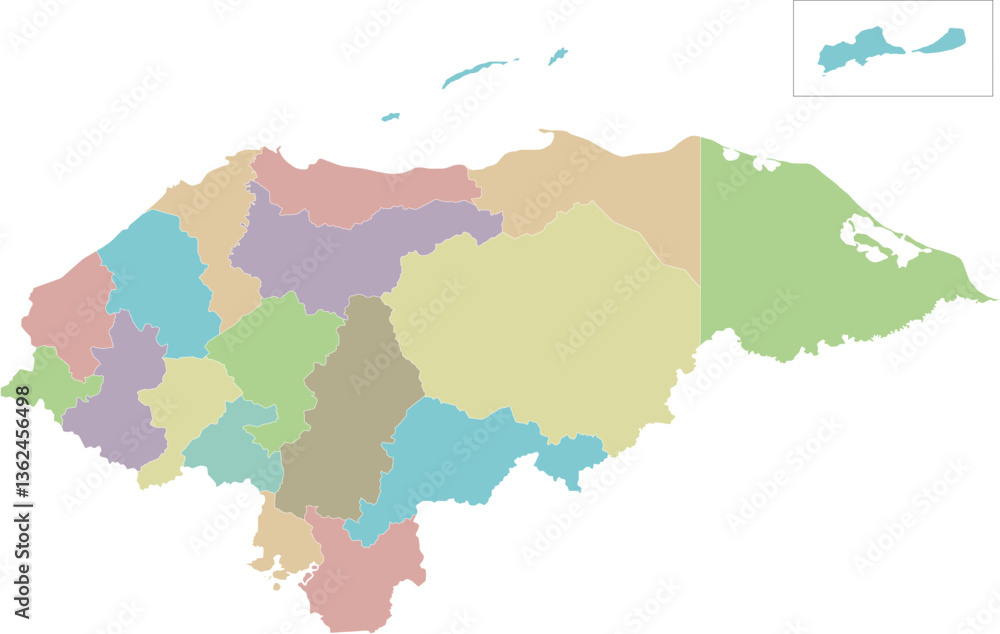 Fototapeta premium Vector regional blank map of Honduras with departments or territories and administrative divisions. Editable and clearly labeled layers.