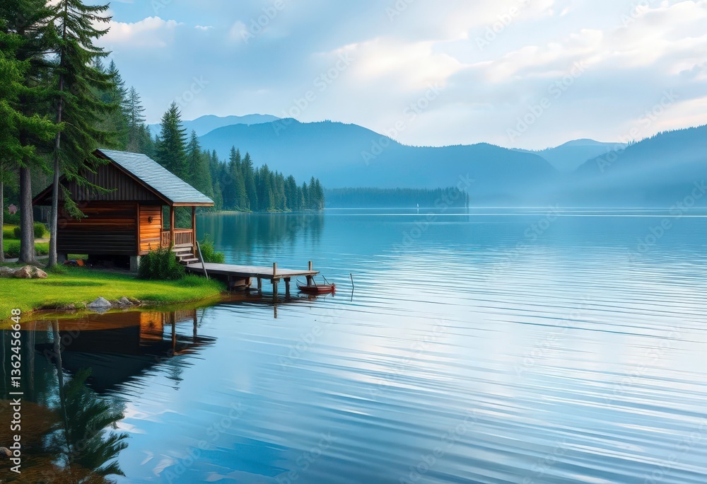 Naklejka premium Tranquil lakeside cabin, soft blues and greens reflecting on calm water, aqua, teal