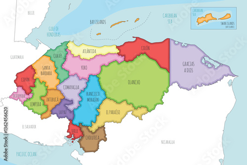 Vector illustrated regional map of Honduras with departments and administrative divisions, and neighbouring countries and territories. Editable and clearly labeled layers.