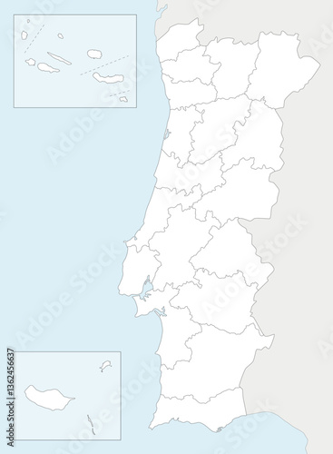 Vector regional blank map of Portugal with districts, autonomous regions and administrative divisions, and neighbouring countries and territories. Editable and clearly labeled layers.