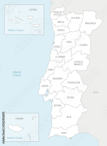 Vector regional map of Portugal with districts, autonomous regions and administrative divisions, and neighbouring countries and territories. Editable and clearly labeled layers.