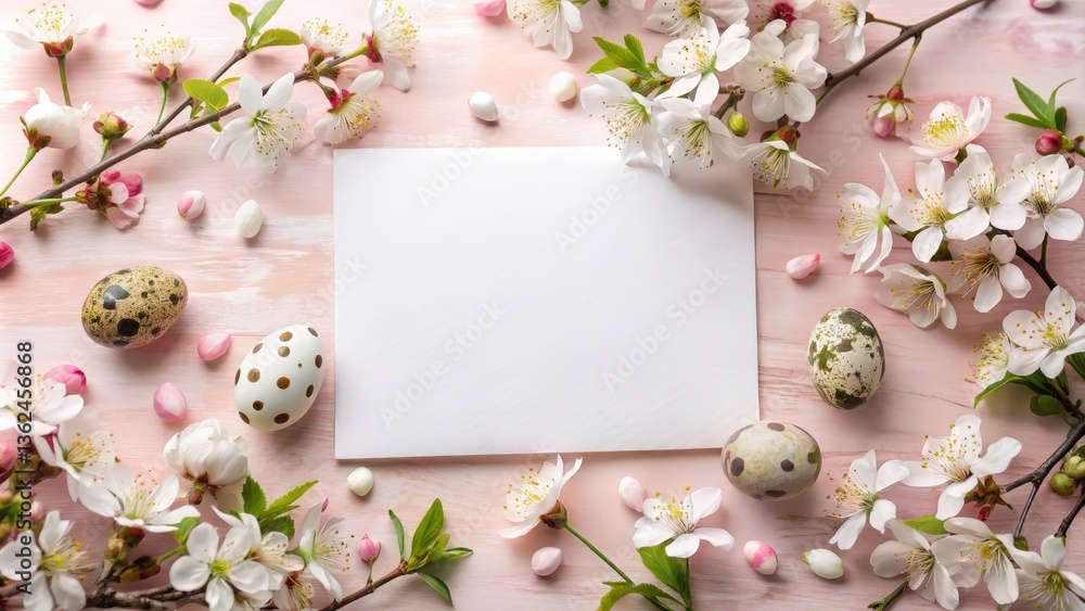 A Blank Canvas for Springtime Celebrations Delicate Flowers, Easter Eggs, and a Blank Card Ready for Your Personal Message A Blank Canvas for Springtime Celebrations Delicate Flowers, Easter Eggs, and a Blank Card Ready for Your Personal Message