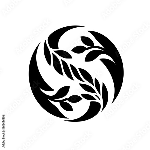 A symmetrical black and white artistic representation of two intertwining sprigs with stylized leaves, enclosed within a circular frame against a plain white backdrop.
