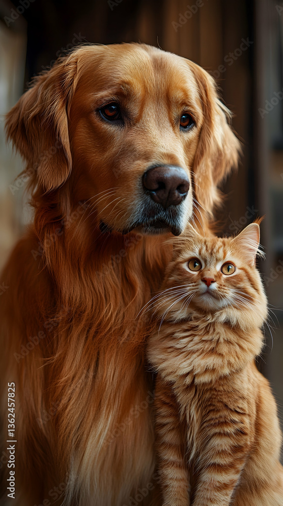 Dog and cat cuddle! Close portrait of golden retriever & long-haired orange feline Dog and cat cuddle! Close portrait of golden retriever & long-haired orange feline