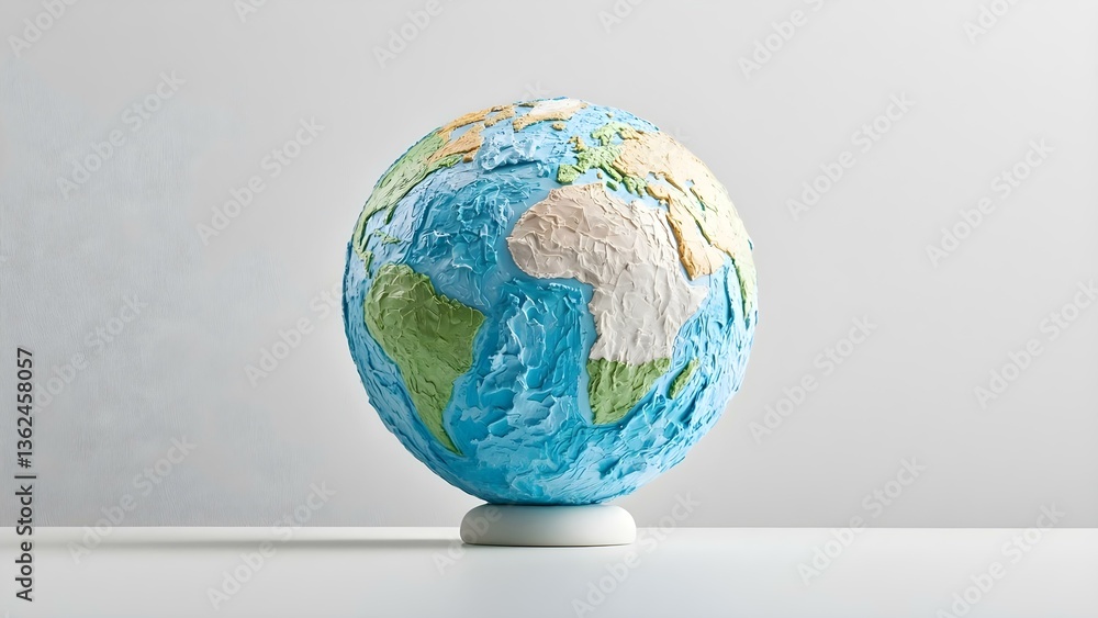 Fototapeta premium A colorful globe depicting the Earth's continents and oceans, designed with textured surfaces to represent landforms and water. Concept Educational Globe Design, Textured Landforms