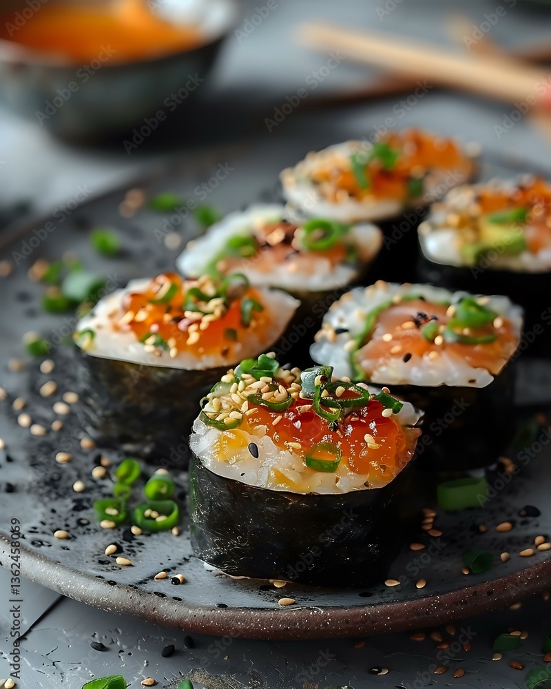 Fresh sushi rolls topped with salmon, red caviar, green onions and sesame seeds served on ceramic plate. Close up view with selective focus. Fresh sushi rolls topped with salmon, red caviar, green onions and sesame seeds served on ceramic plate. Close up view with selective focus.