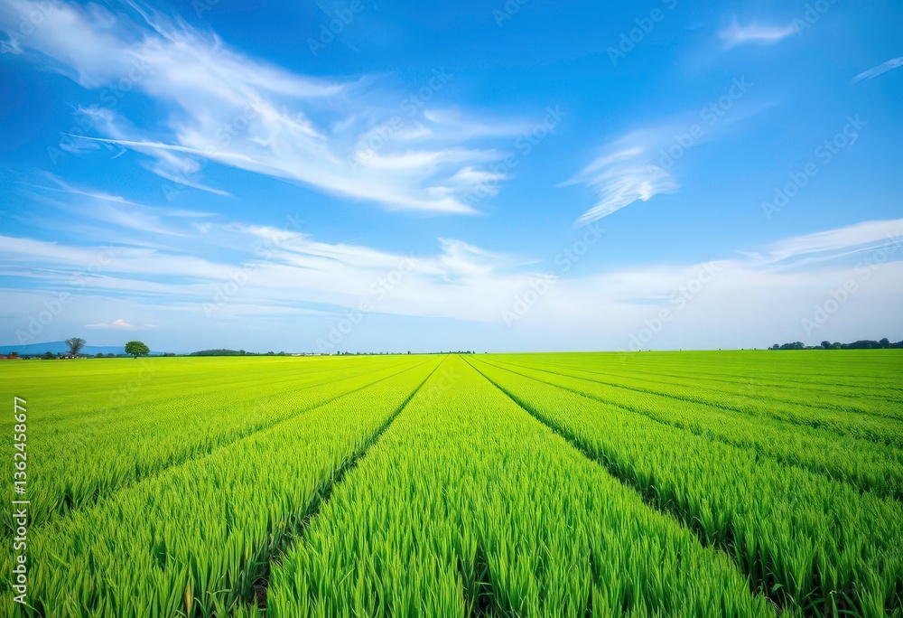 Naklejka premium Vast, verdant fields stretch to a brilliant blue sky, showcasing sustainable farming practices, nature, serenity