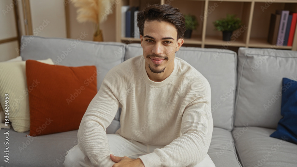 Handsome young man sitting comfortably on a sofa in a stylish living room, exuding warmth and charm, surrounded by cozy decor and shelves, creating a welcoming home atmosphere. Handsome young man sitting comfortably on a sofa in a stylish living room, exuding warmth and charm, surrounded by cozy decor and shelves, creating a welcoming home atmosphere.