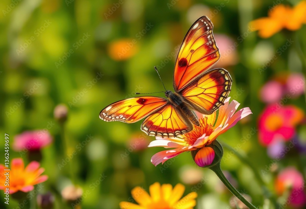 Vibrant butterfly delicately perched on a bright bloom, wings spread wide in sunlit meadow, pollinator, lepidoptera Vibrant butterfly delicately perched on a bright bloom, wings spread wide in sunlit meadow, pollinator, lepidoptera