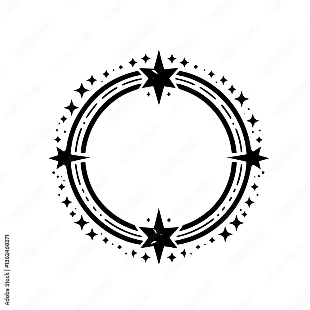 Fototapeta premium Intricate black and white circular emblem featuring star accents and geometric lines, set against a pristine white backdrop, creating a minimalist design.