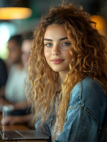 Curly haired woman smiling in a cafe, laptop and people in background