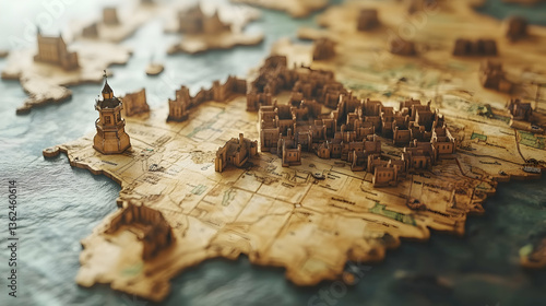 Detailed topographic map featuring small, wooden buildings, islands, and detailed terrain