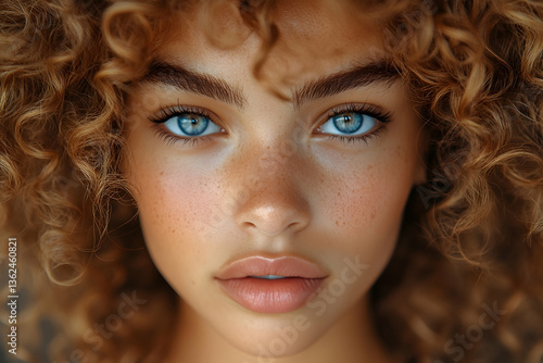 Curly-haired beauty, striking blue eyes, light skin, freckles, facing forward
