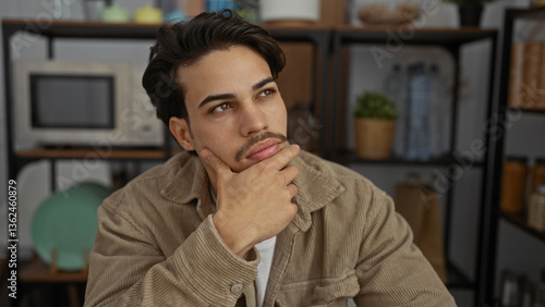 Obraz na płótnie Young man thinking in a modern office with thoughtful expression surrounded by indoor decorations implying a creative workplace atmosphere