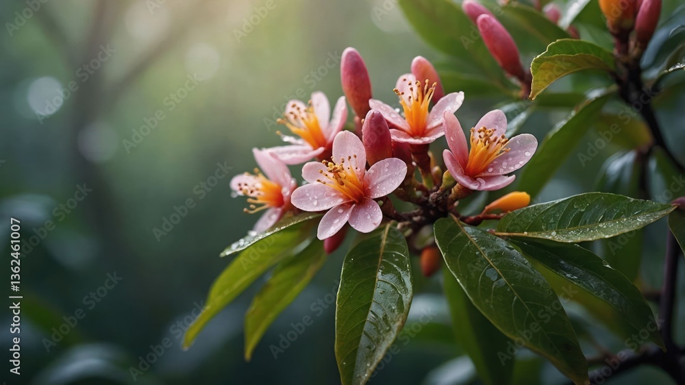 A close-up of pink flowers with droplets on leaves, showcasing nature's beauty. A close-up of pink flowers with droplets on leaves, showcasing nature's beauty.