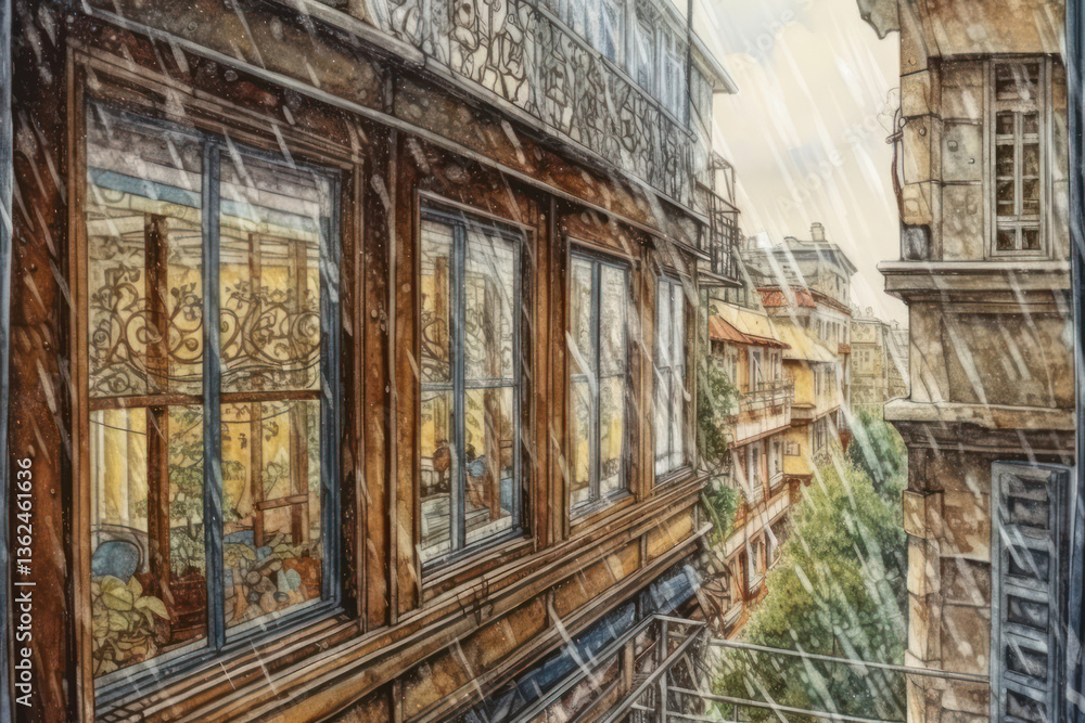 St. Petersburg street, visible from one of the windows. The rain pours, creating an atmosphere of comfort and melancholy. St. Petersburg street, visible from one of the windows. The rain pours, creating an atmosphere of comfort and melancholy.