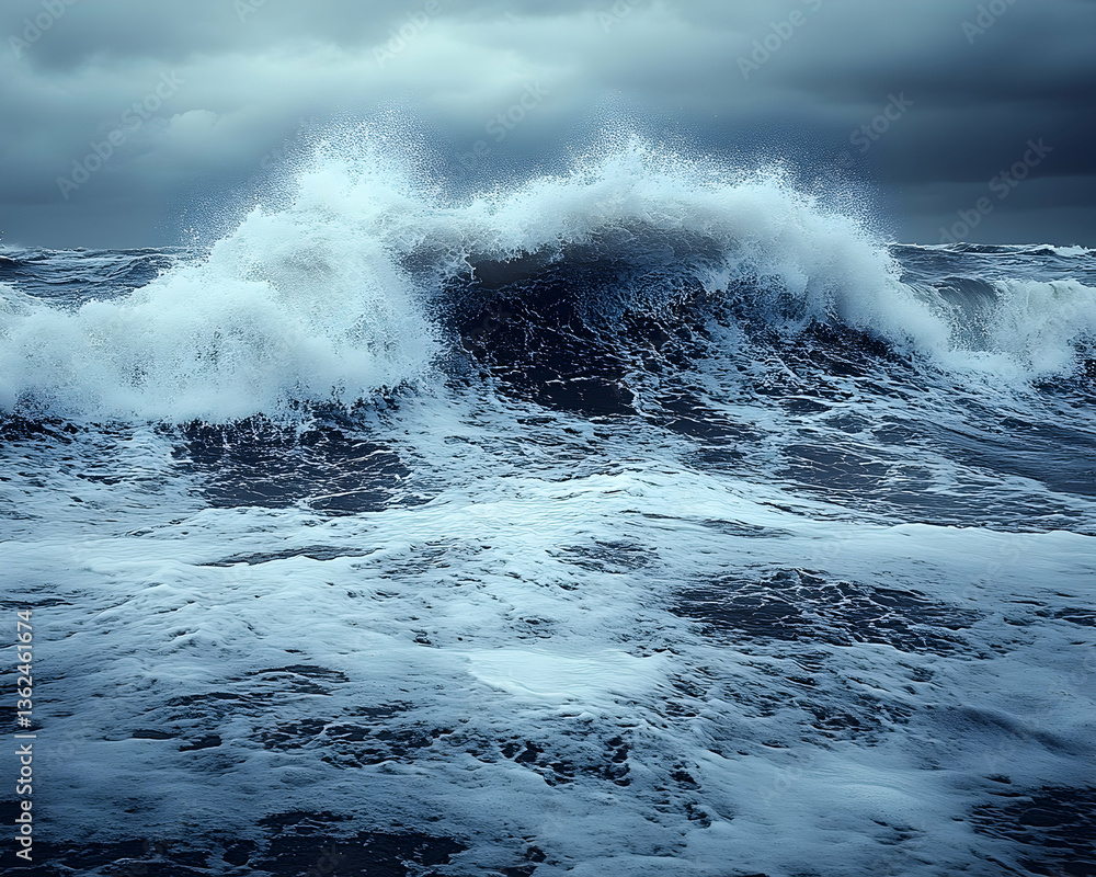 Obraz premium Dramatic, large waves crashing in a stormy sea beneath an overcast, dark sky