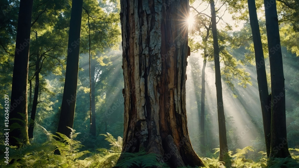 Obraz premium Sunlight filters through trees in a serene forest setting, highlighting nature's beauty.