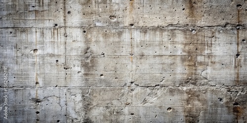 A weathered concrete wall with numerous holes, cracks, and streaks of rust, evoking a sense of time and resilience.