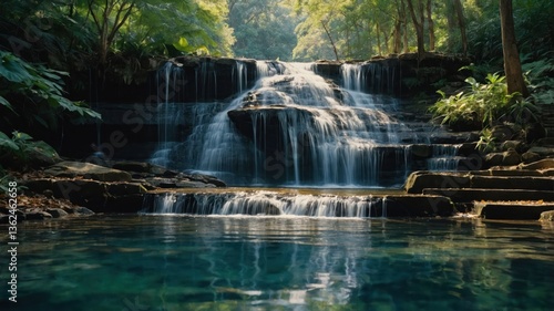 A serene waterfall cascading into a tranquil pool surrounded by lush greenery.