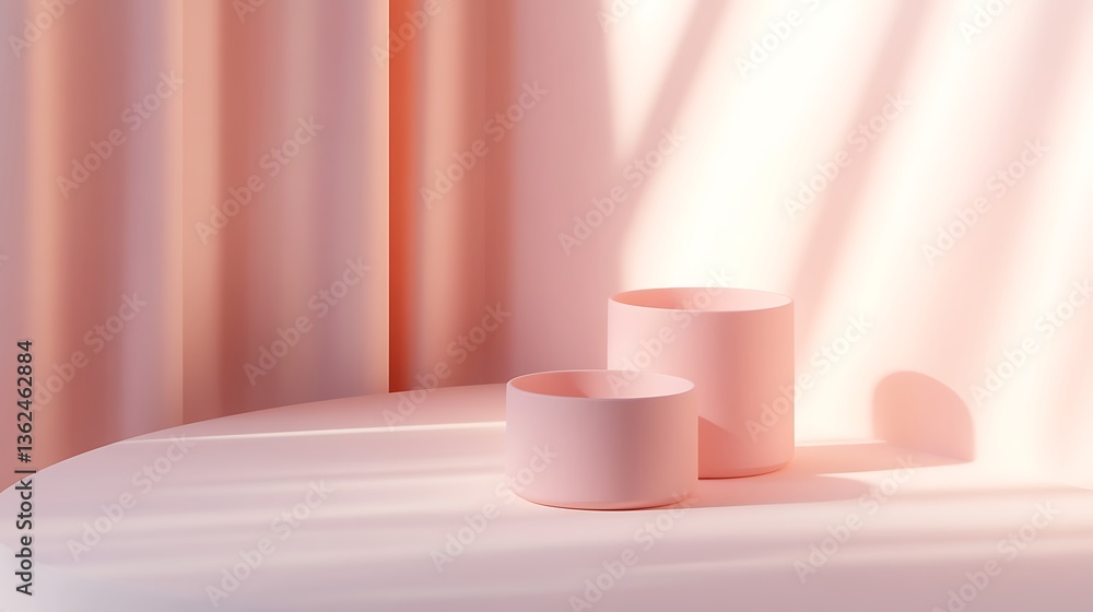 Pastel pink containers on a table with sunlight Pastel pink containers on a table with sunlight