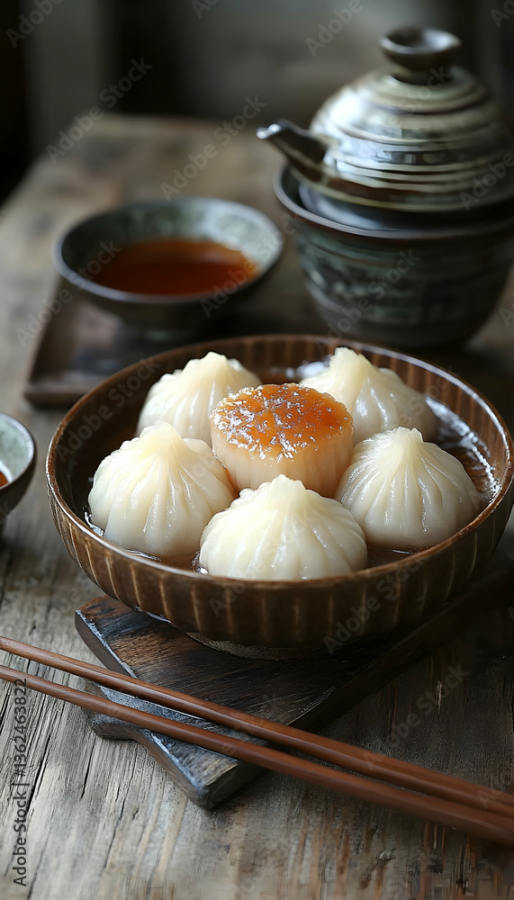 Dumplings in broth with chopsticks and sauce sit on a wood surface Dumplings in broth with chopsticks and sauce sit on a wood surface
