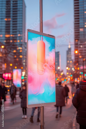 Vibrant digital advertisement display in bustling urban street at twilight