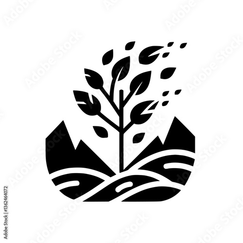 Black and white minimalist illustration of a tree with leaves blowing in the wind, situated within stylized mountains and rolling hills, evoking a sense of nature and growth.
