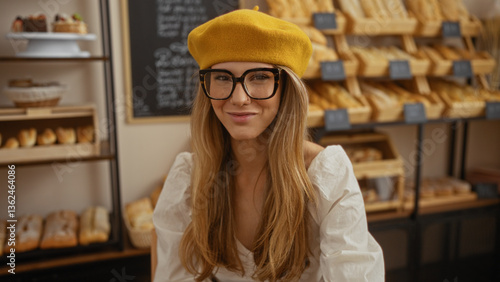 Beautiful blonde woman in a bakery shop wearing glasses and a yellow beret, surrounded by shelves full of freshly baked bread and pastries.
