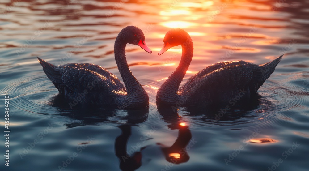 Fototapeta premium Pair of black swans on the lake at sunset.