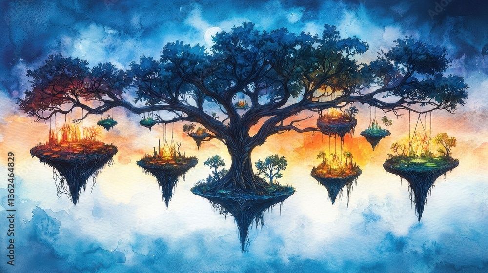 Fototapeta premium Panoramic Scene of Yggdrasil Tree with Floating Islands and Vibrant Sky Colors