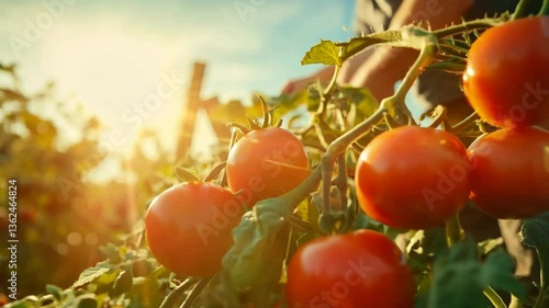 Closeup of ripe tomatoes on vine, farmer harvesting in sunny field video.