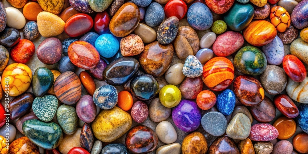 A colorful collection of smooth, polished stones, each with unique patterns and textures, showcasing the beauty of nature's artistry A colorful collection of smooth, polished stones, each with unique patterns and textures, showcasing the beauty of nature's artistry