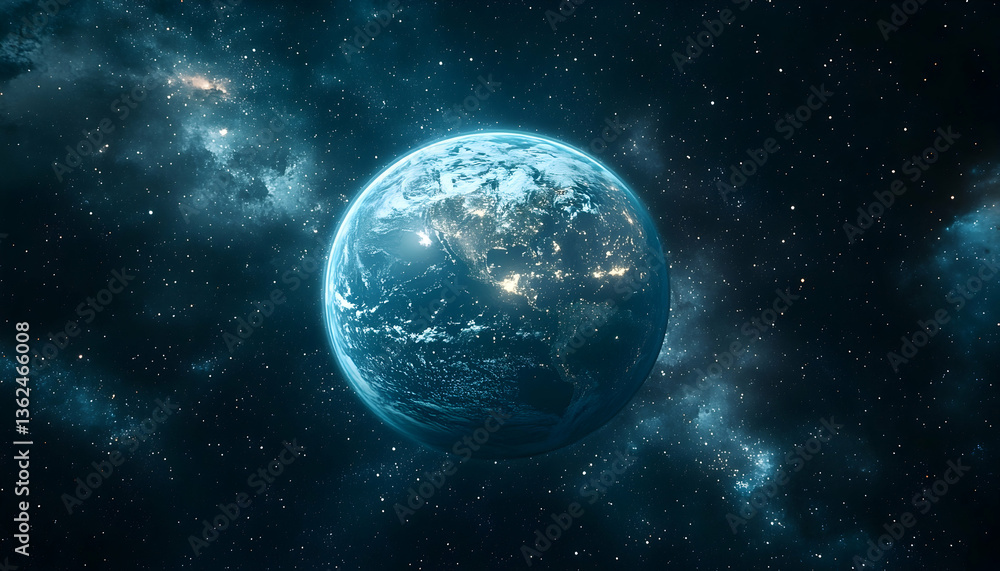 Earth-like planet in space, illuminated cities, nebula background Earth-like planet in space, illuminated cities, nebula background