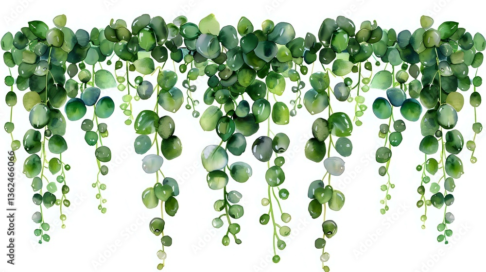 Cascading green eucalyptus leaves forming decorative border arrangement, watercolor style botanical illustration on white background, isolated design element for weddings. Cascading green eucalyptus leaves forming decorative border arrangement, watercolor style botanical illustration on white background, isolated design element for weddings.