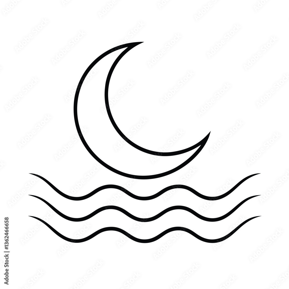 a crescent moon shining over gentle ocean waves, a crescent moon shining over gentle ocean waves,