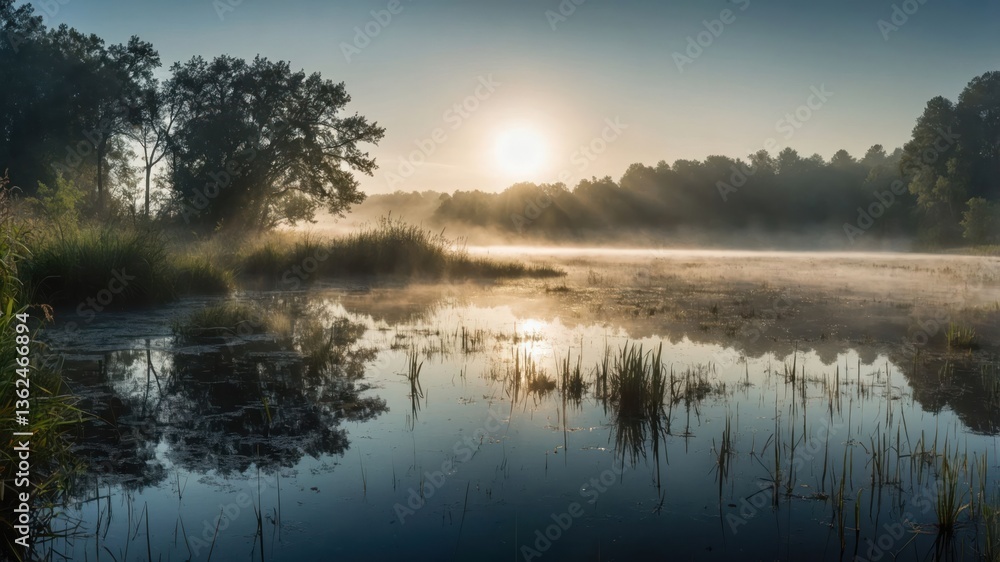 A serene sunrise over a misty lake, reflecting nature's beauty and tranquility. A serene sunrise over a misty lake, reflecting nature's beauty and tranquility.