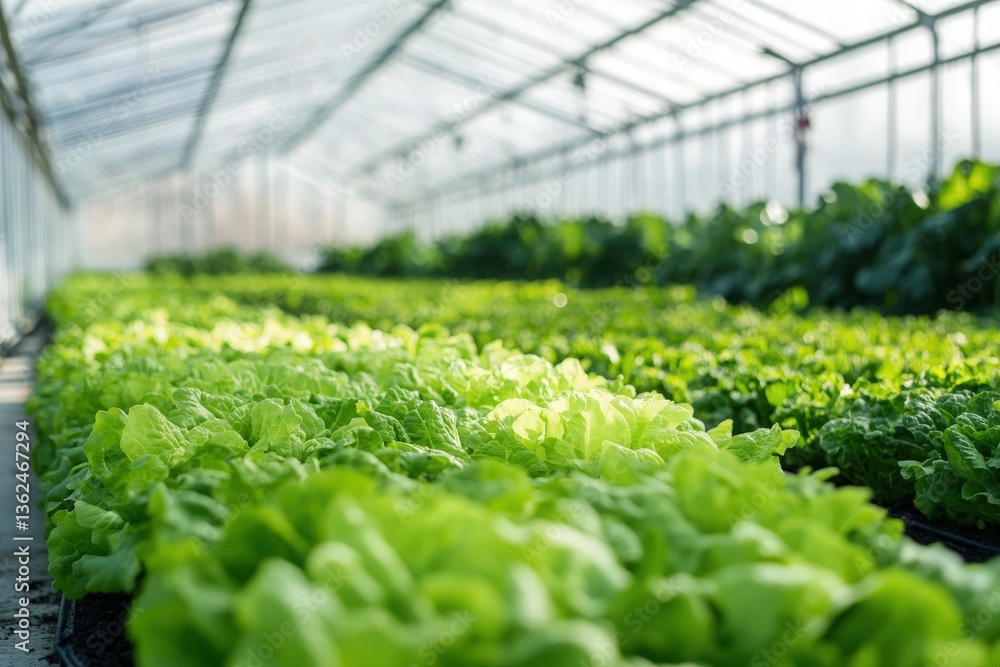 Rows of vibrant green lettuce thrive under the glass roof of a greenhouse, bathed in sunlight. A scene of healthy growth and sustainable agriculture. Rows of vibrant green lettuce thrive under the glass roof of a greenhouse, bathed in sunlight. A scene of healthy growth and sustainable agriculture.